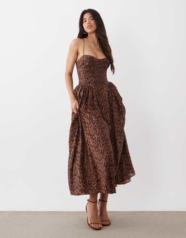 delicate forest unique print sweetheart neck beaded straps maxi dress Bardot Estie neckline gathered hips strappy lace up back detail printed in leopard glitter tulle Lining 26SPAPR How to wear cocktail Pay With:300 Qs (Silkroll Fee: $7.50)