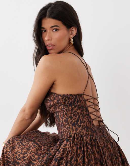 Bardot Estie sweetheart neckline gathered hips strappy lace up back detail printed  maxi dress in leopard | ASOS
