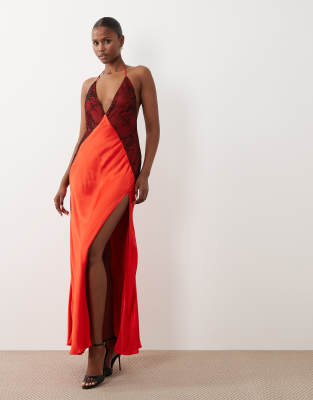 Bardot Estrella Exclusive Halter Maxi Dress With Lace Detail In Red
