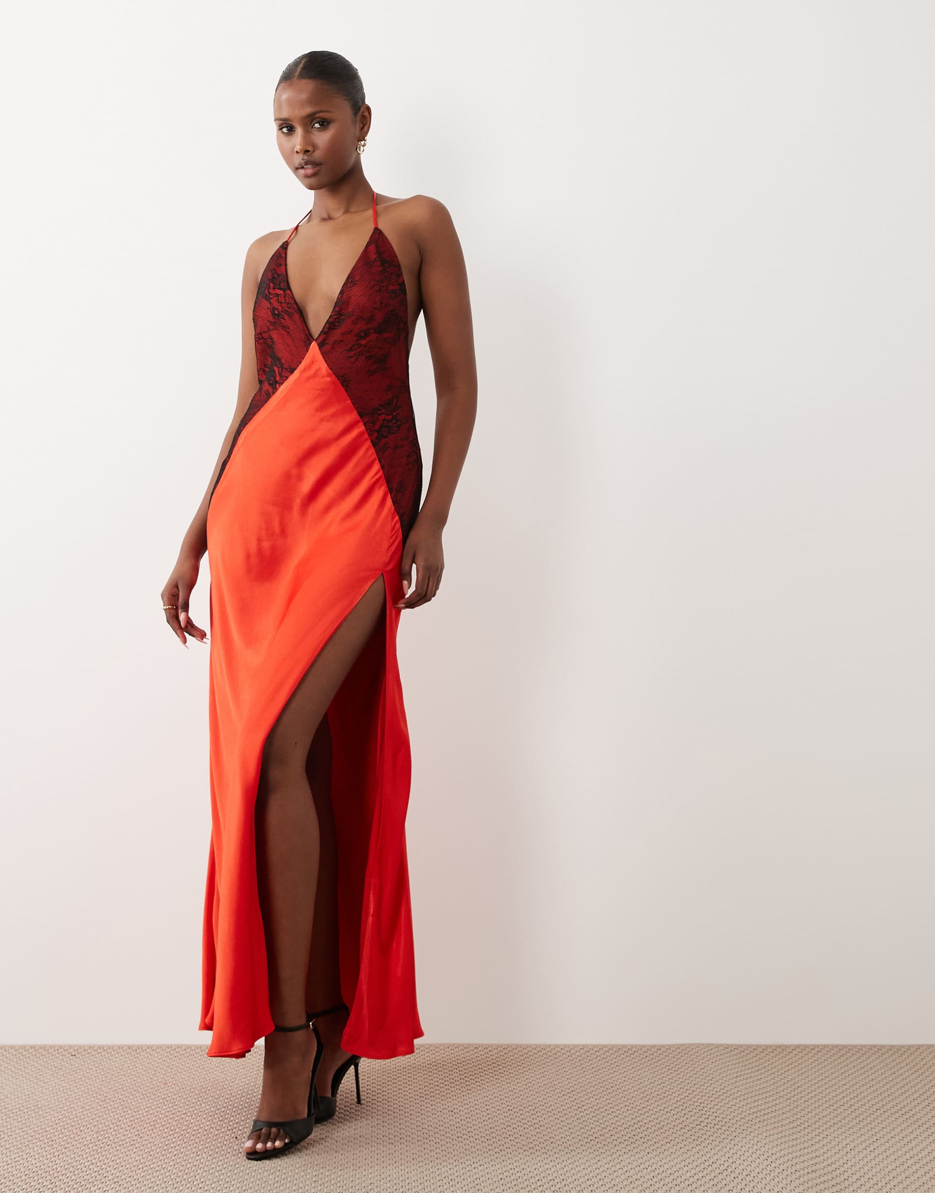 bardot estrella exclusive halter maxi dress with lace detail in fire red