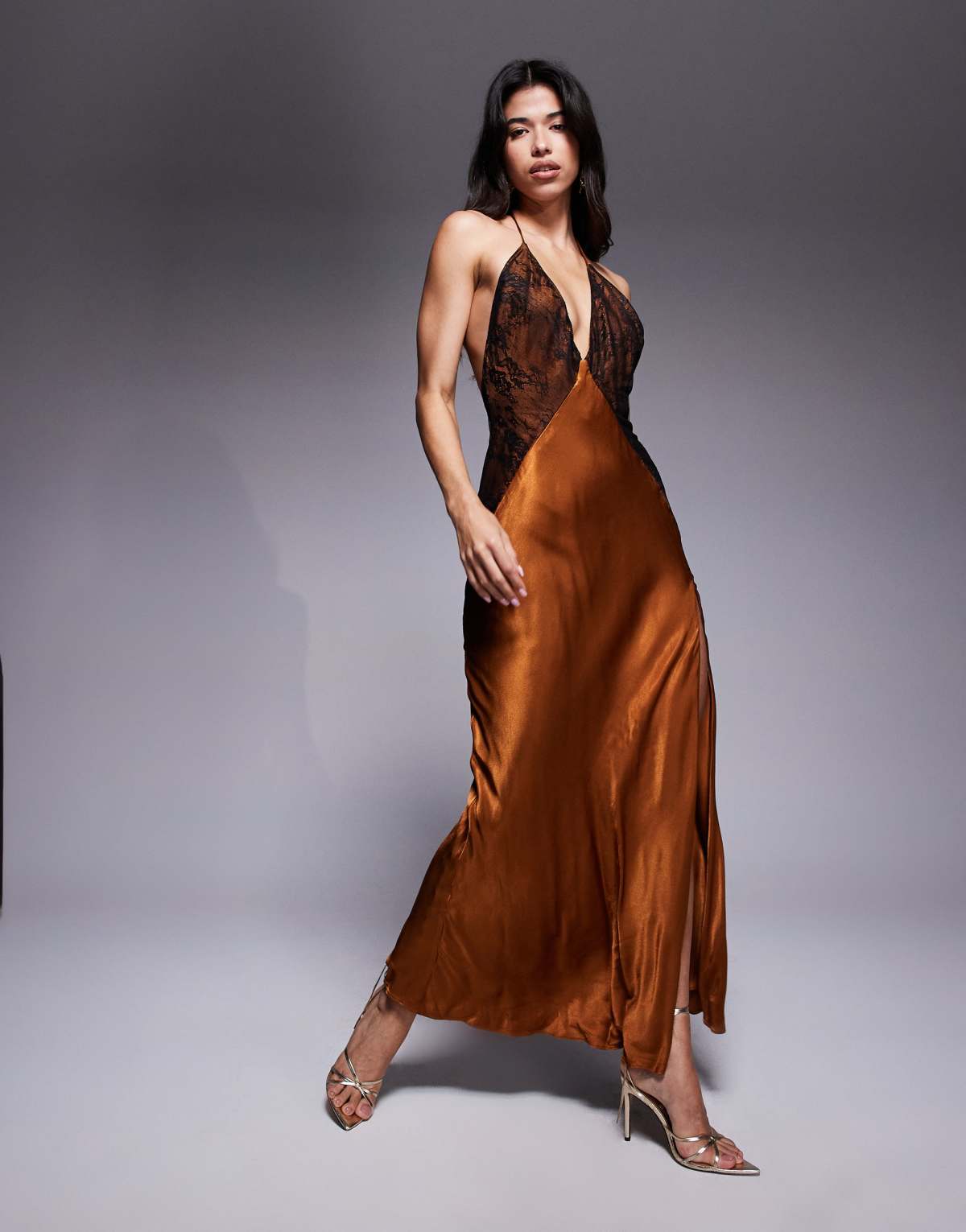 Bardot Estrella halter maxi dress in toffee