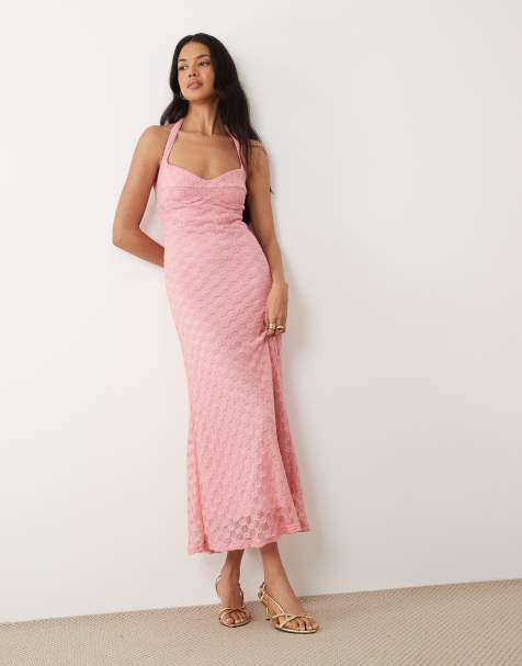 Bardot Exclusive - Mariko - Vestido midi rosa empolvado con estampado floral y cuello halter de malla - view 1