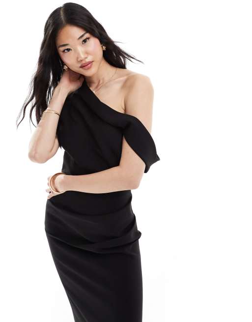 Bardot fallen shoulder fitted midaxi dress in black 