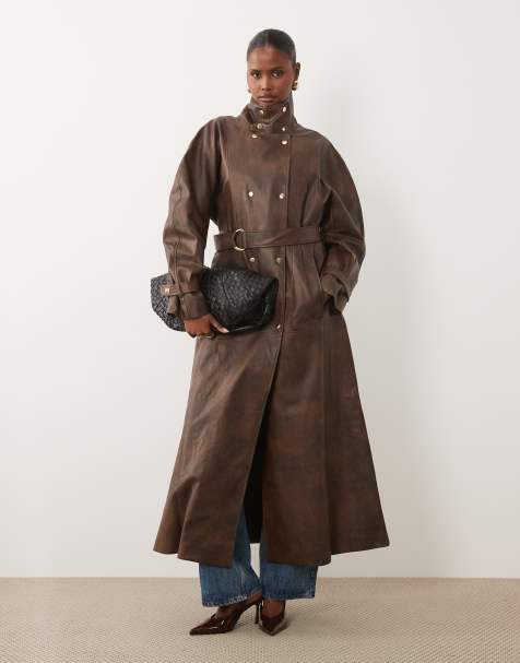 Bardot faux leather high neck button detail longline trench coat in deep chocolate - view 1