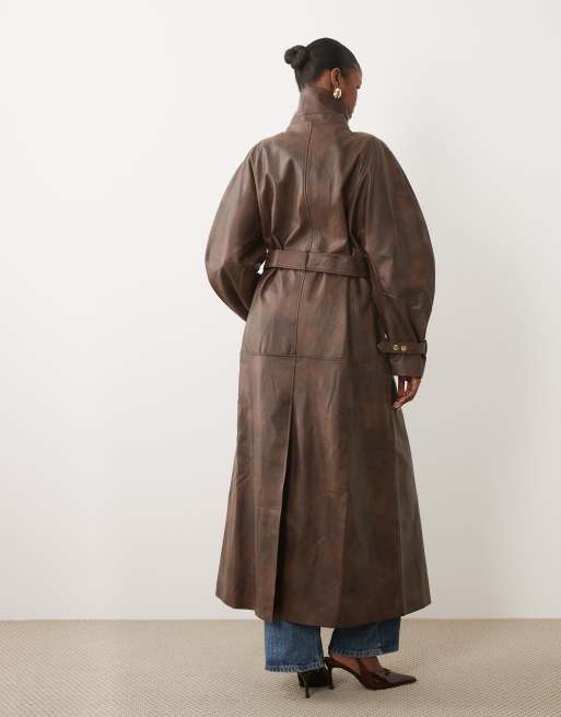 Bardot faux leather high neck button detail longline trench coat in deep chocolate, 2 of 4