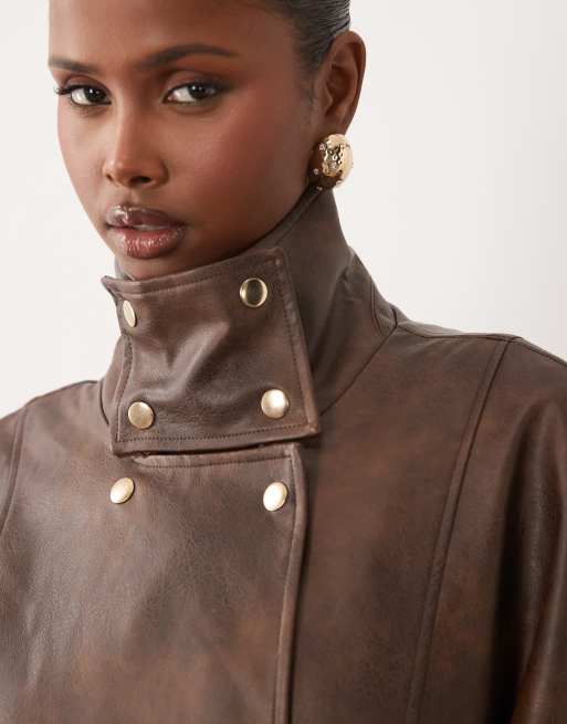 Bardot faux leather high neck button detail longline trench in deep chocolate, 3 of 4