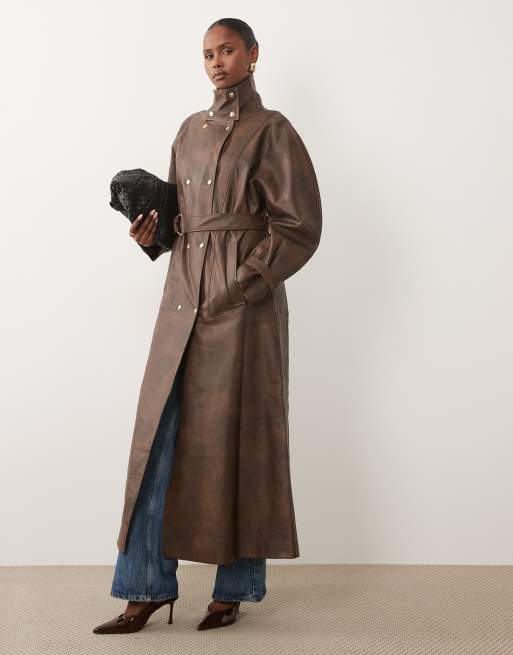 Bardot faux leather high neck button detail longline trench in deep chocolate, 4 of 4