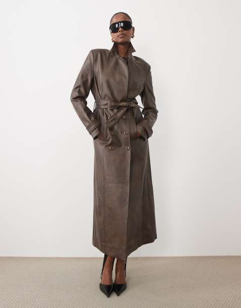 Bardot faux leather longline belted trench coat in chocolate - view 1