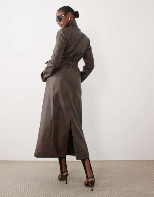 Bardot faux leather longline belted trench coat in chocolate, 4 of 4