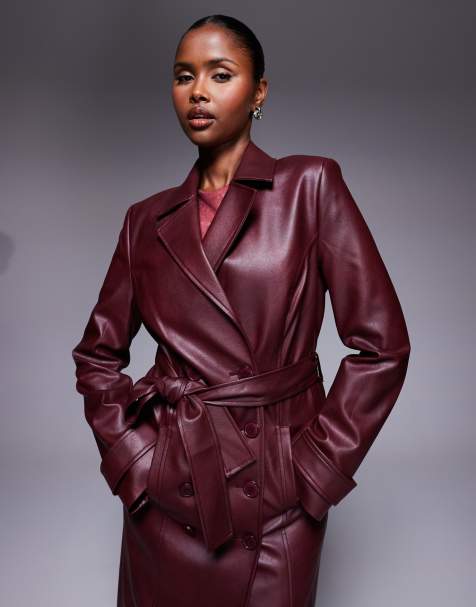 Bardot faux leather longline coat in burgundy - view 1