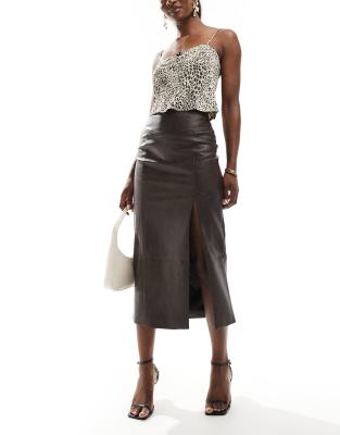 Bardot Bardot faux leather midi skirt in dark chocolate-Brown