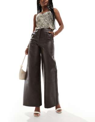 faux leather wide leg pants in dark chocolate-Brown