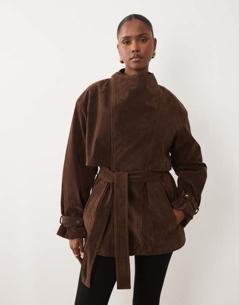 Bardot faux suede cropped tie detail trench in chocolate - view 1
