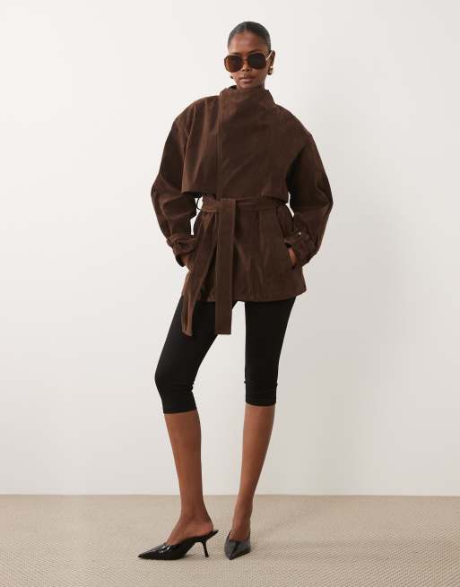 Bardot faux suede cropped tie detail trench in chocolate, 2 of 4