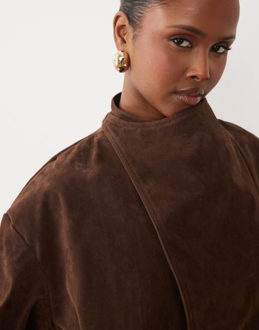 Bardot faux suede cropped tie detail trench in chocolate, 3 of 4