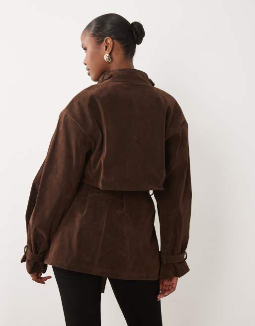 Bardot faux suede cropped tie detail trench in chocolate, 4 of 4
