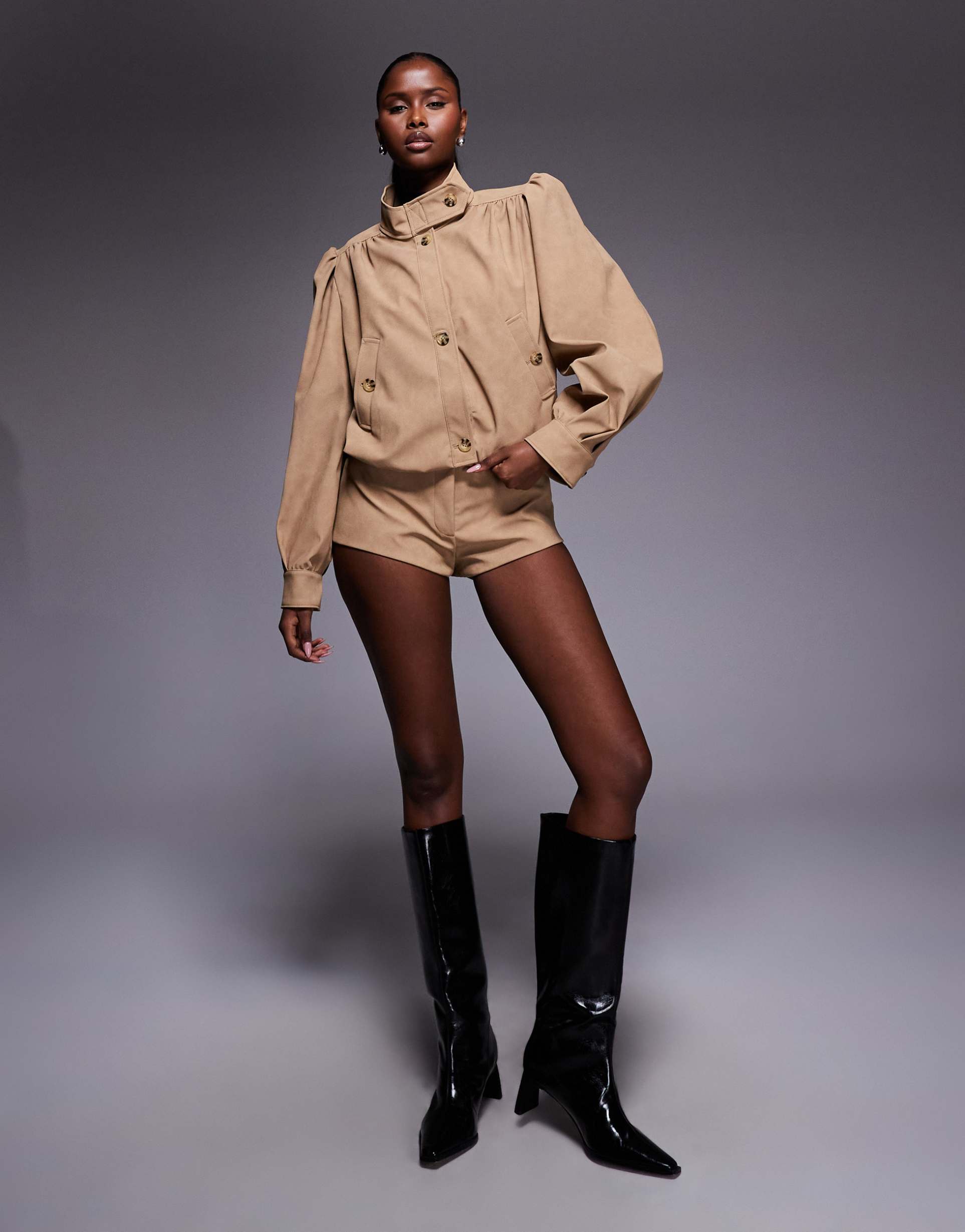 bardot faux suede high neck balloon sleeve jacket in soft beige - part of a set
