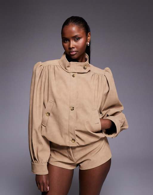 Bardot faux suede high neck balloon sleeve jacket in soft beige