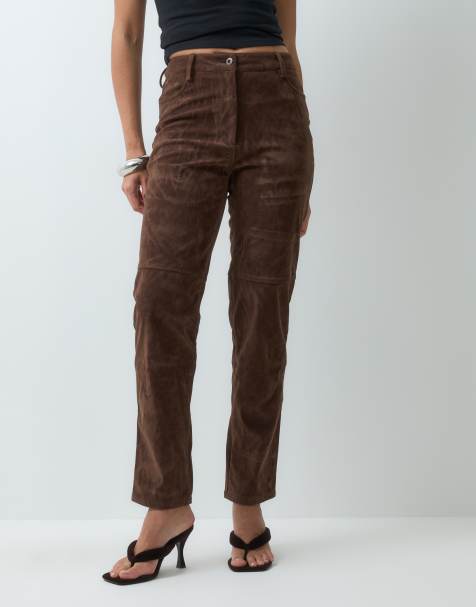 Bardot faux suede high waisted button trousers in chocolate - view 1