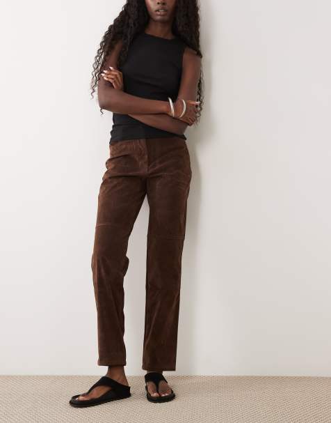 Bardot faux suede high waisted button trousers in chocolate