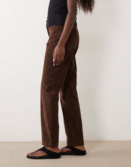 Bardot faux suede high waisted button trousers in chocolate, 2 of 5