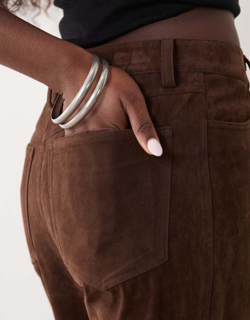 Bardot faux suede high waisted button trousers in chocolate, 5 of 5