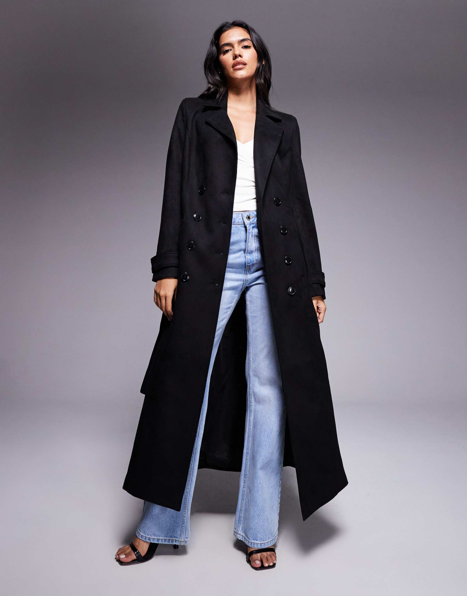 bardot faux suede longline coat in black