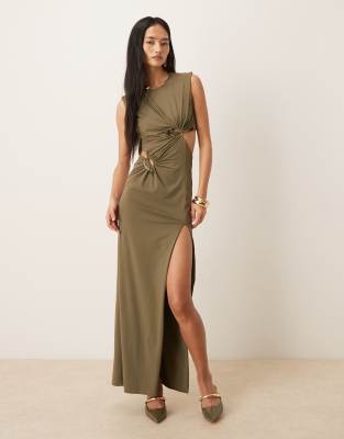 Bardot Felix slinky sleeveless gold hardware cutout detail thigh split maxi dres