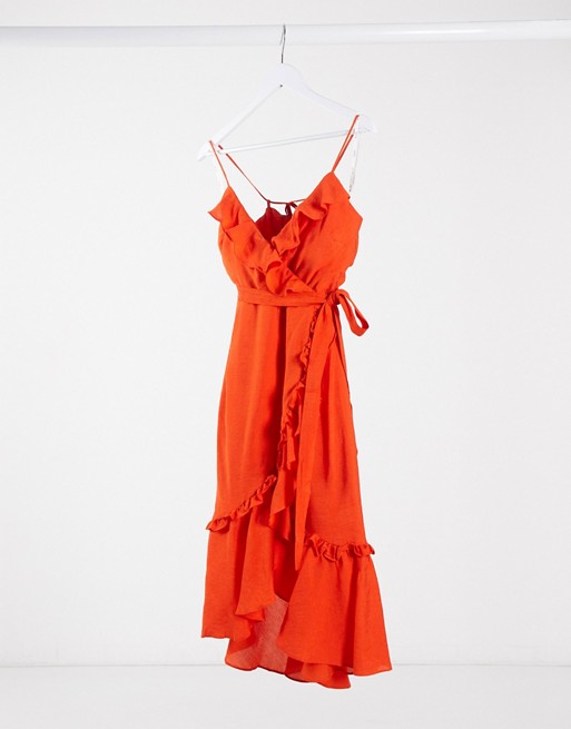 Bardot frill cami midi dress in orange