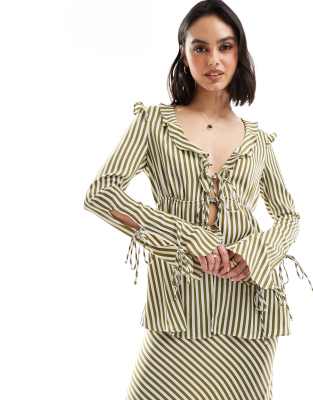 Bardot Bardot frill detail sheer blouse in green stripe co ord