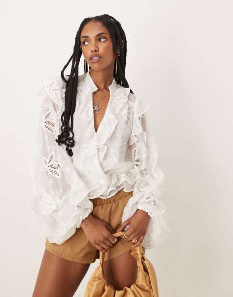 Bardot frill embroidered blouse in orchid white - view 1