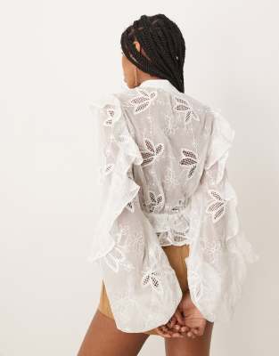 Bardot frill embroidered blouse in orchid white