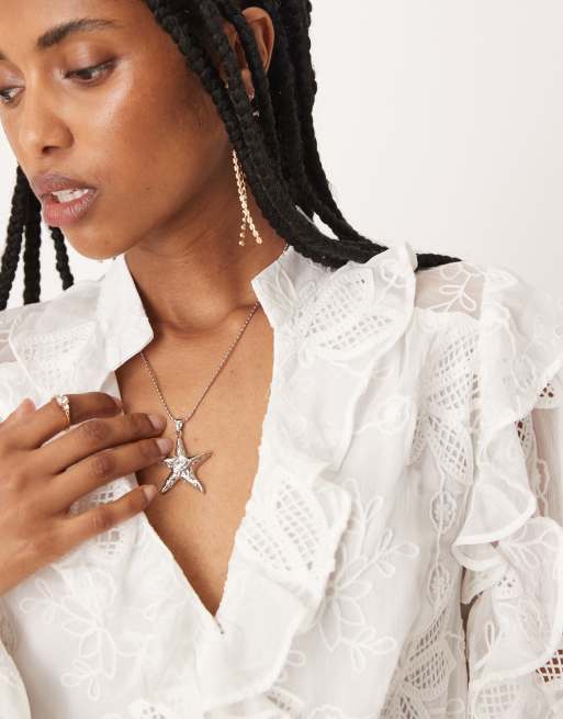 Bardot frill embroidered blouse in orchid white | ASOS