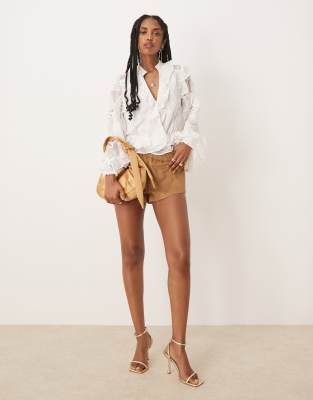 Bardot frill embroidered blouse in orchid white