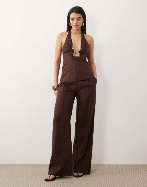 Bardot Geordy hipster linen pants in chocolate (part of a set) - view 1