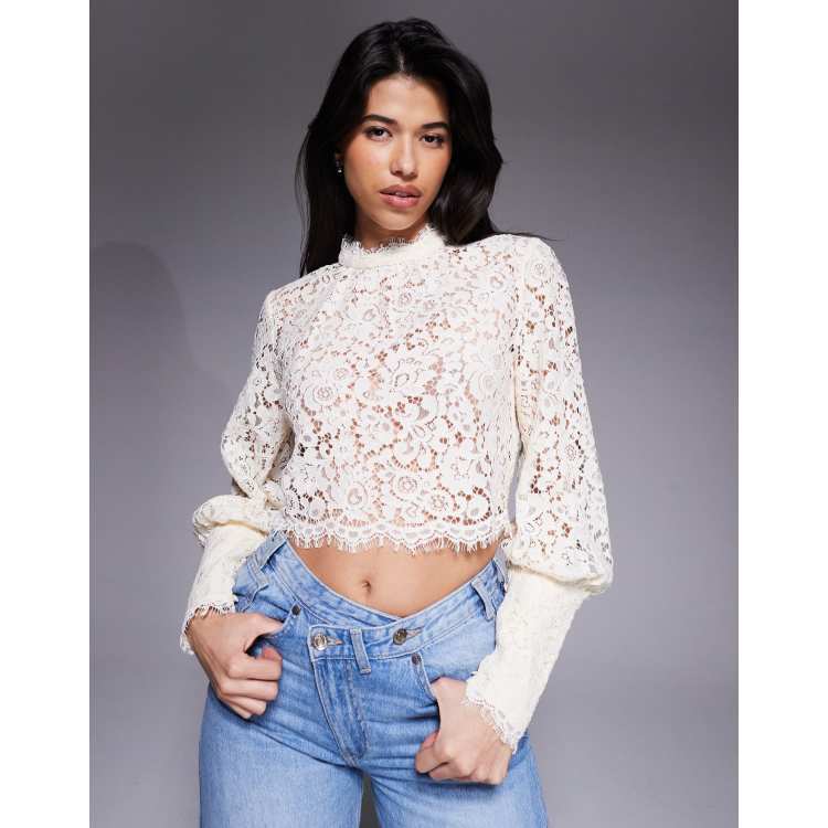 Bardot Georgia lace high neck deep cuff top in cream | ASOS