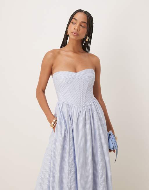 Bardot Gestreepte midi jurk met korset in blauwe strepen ASOS