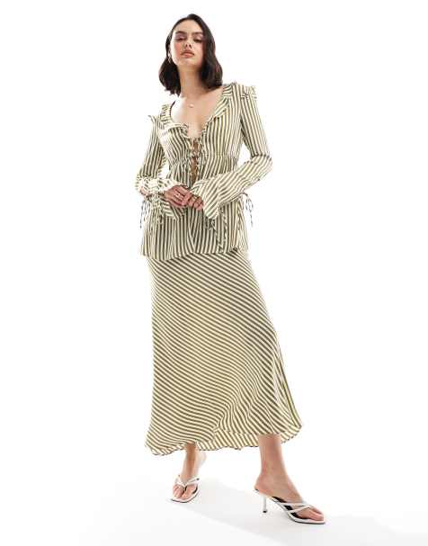 Bardot - Gonna midi verde a righe con taglio sbieco in coordinato - view 1