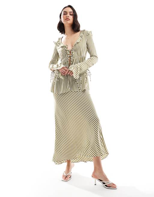Bardot - Gonna midi verde a righe con taglio sbieco in coordinato