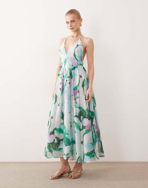 Bardot halter midaxi dress in green floral - view 1