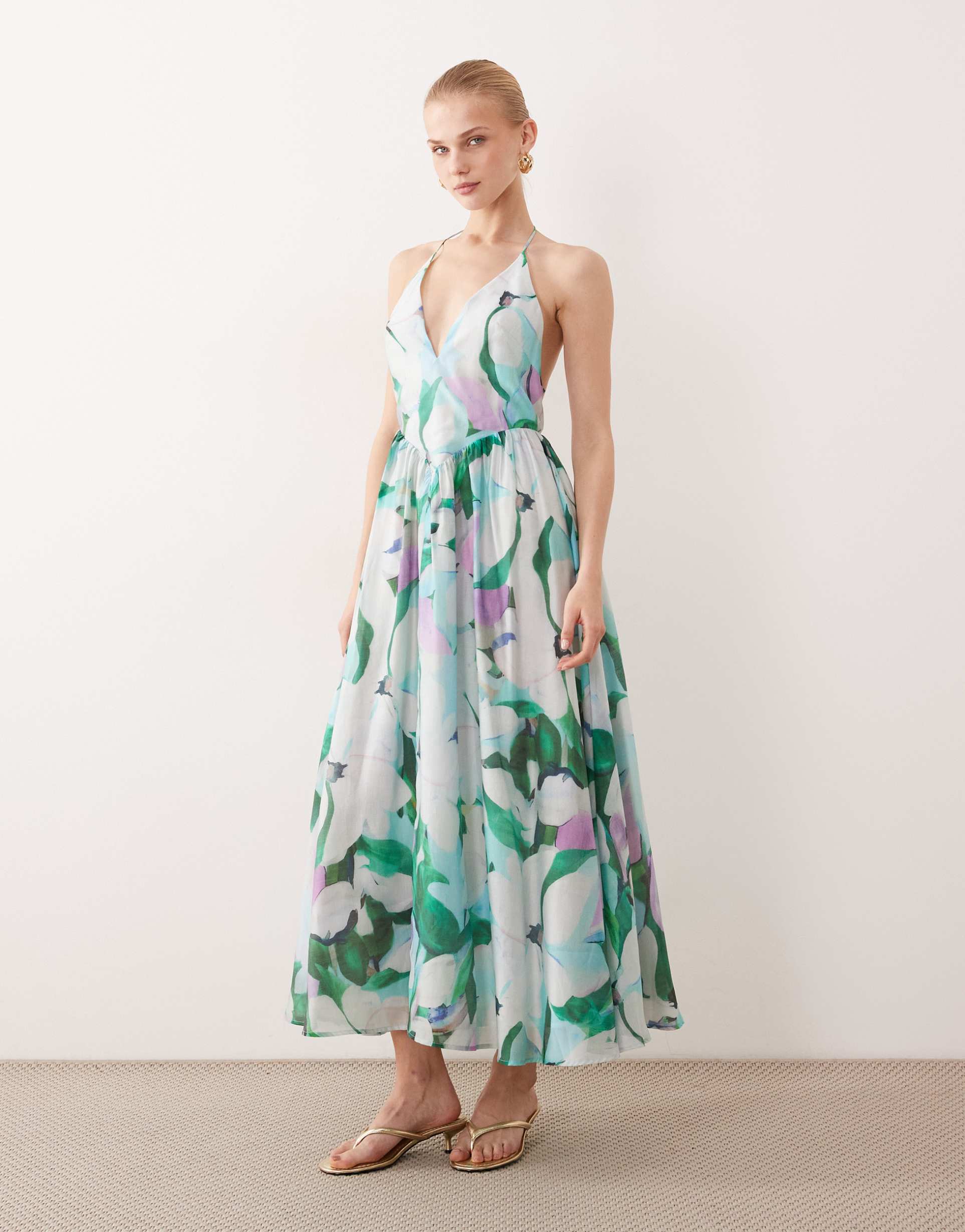 bardot halter midaxi dress in green floral