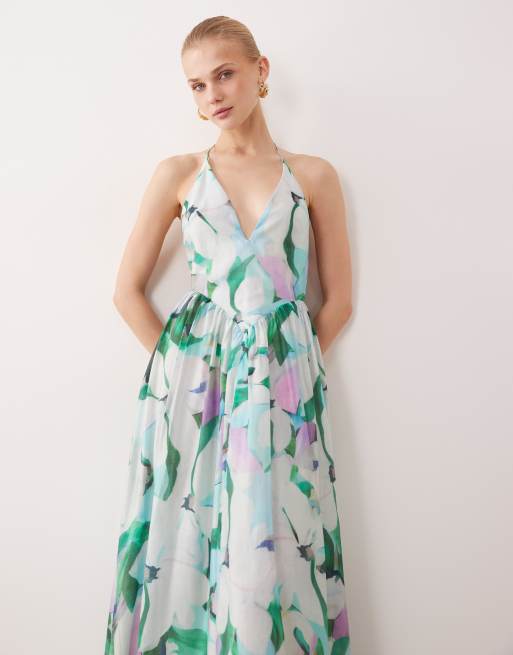 Bardot halter midaxi dress in green floral, 2 of 4