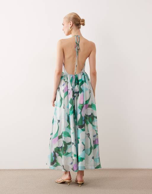 Bardot halter midaxi dress in green floral, 3 of 4
