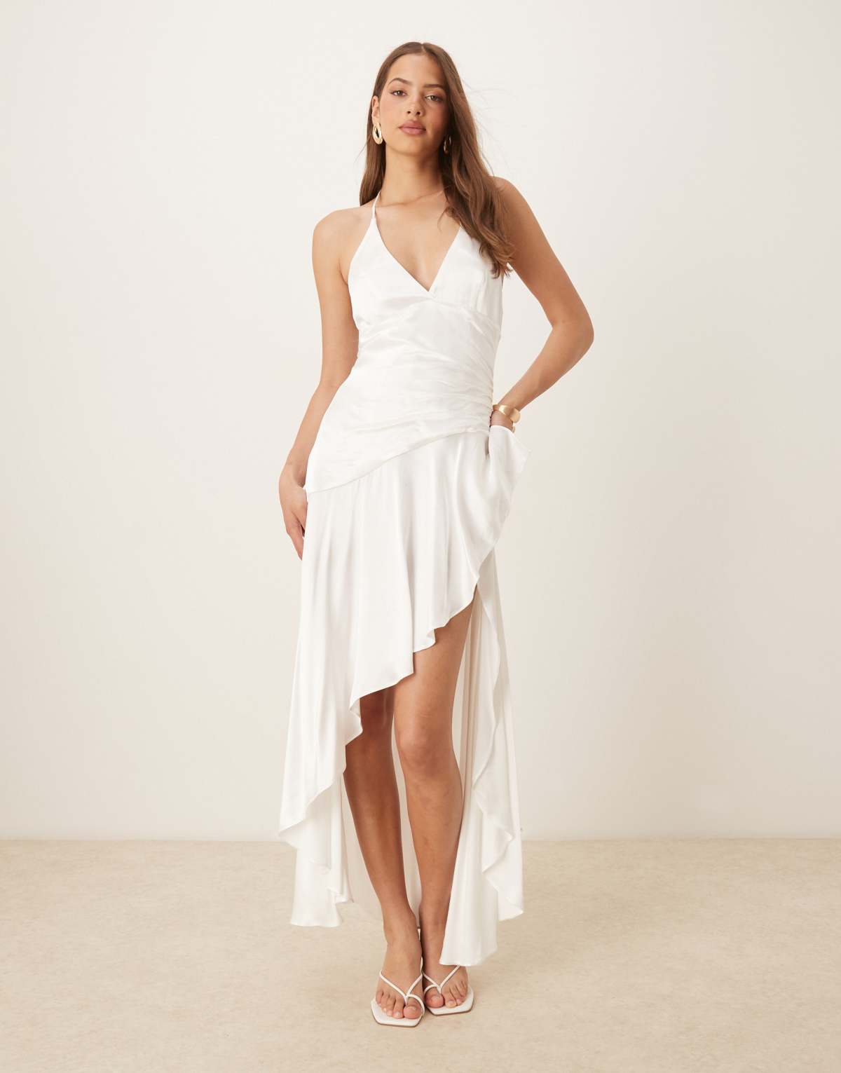 Bardot halter neck asymmetric midaxi in white