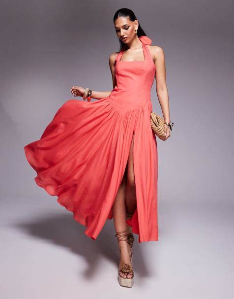 Bardot halter neck drop waist maxi dress in melon orange