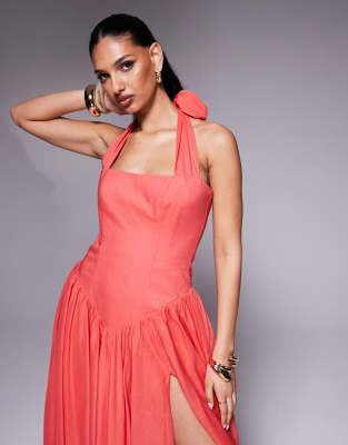 Bardot halter neck drop waist maxi dress in melon orange | ASOS