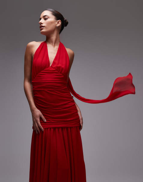 Bardot halter neck maxi dress in red
