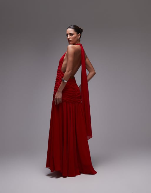 Bardot halter neck maxi dress in red