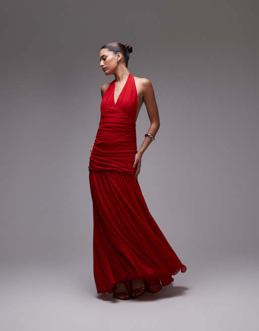 Bardot halter neck maxi dress in red