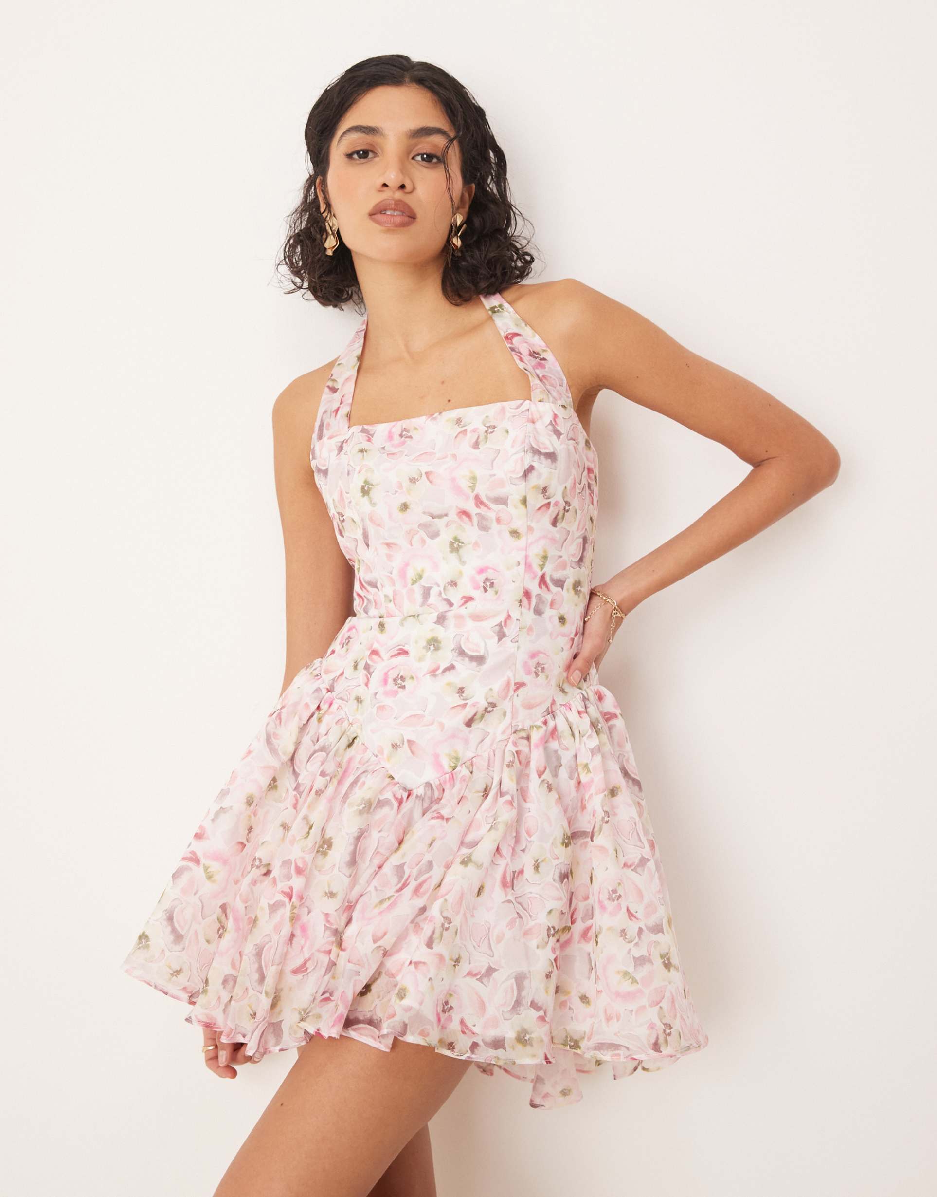 bardot halter neck mini dress in pink floral